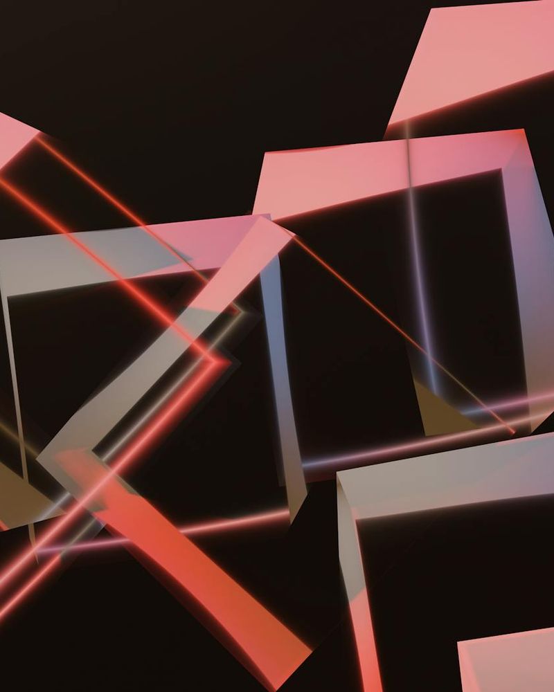 Abstract geometric iron structure in neon cyan lighting